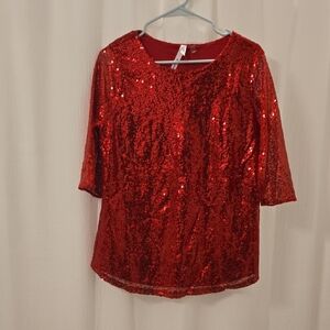 NY Collection Sparkling Red Sequin Blouse